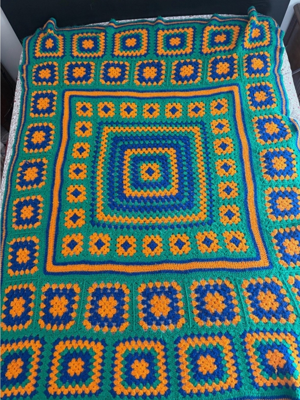 Handmade Crochet Granny Square Throw Blanket - Green & Gold